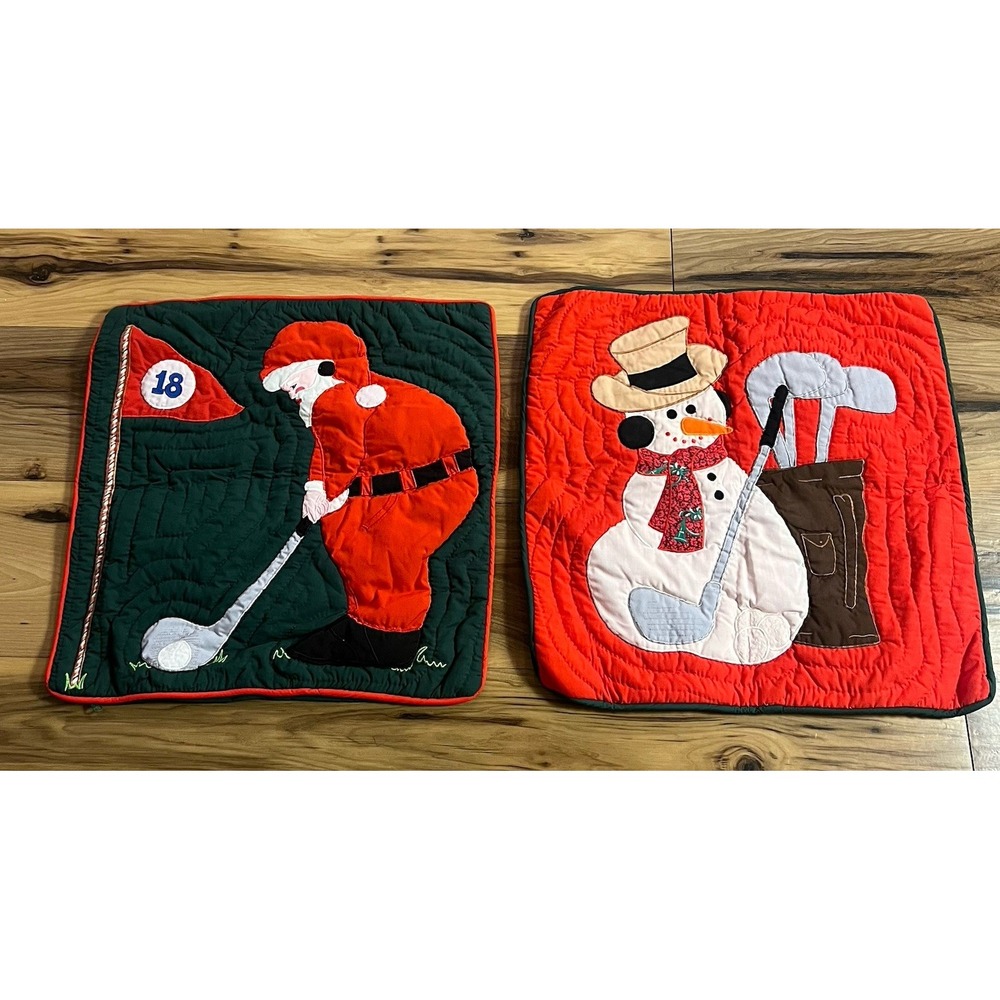 Quilted Christmas 2 Pillow Cases Santa Snowman Golf Theme Red Green Zip whimsy